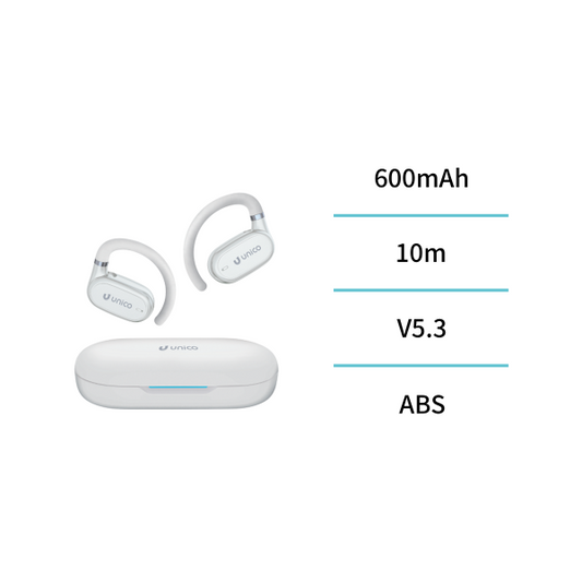 Unico EP1699 Open Ear Wireless Headphones with their charging case.