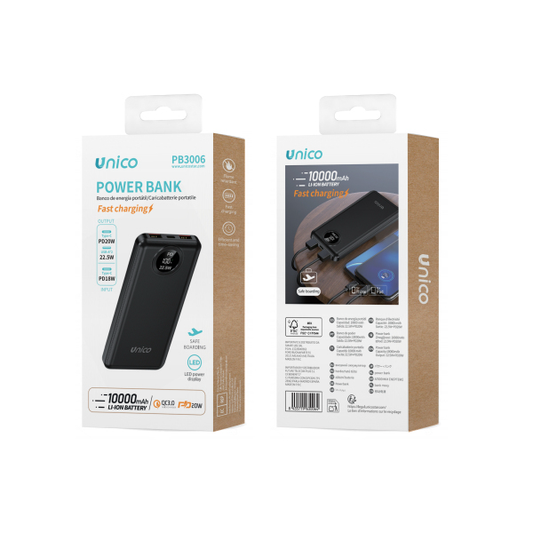 Unico PB3006 Power Bank with a capacity of 10,000mAh, featuring fast charging capabilities and an LED power display