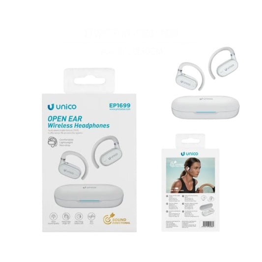 Unico EP1699 Open Ear Wireless Headphones with their charging case.