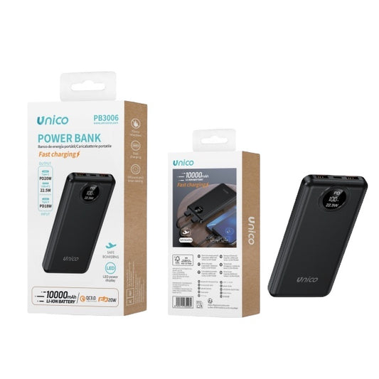 Unico PB3006 Power Bank with a capacity of 10,000mAh, featuring fast charging capabilities and an LED power display